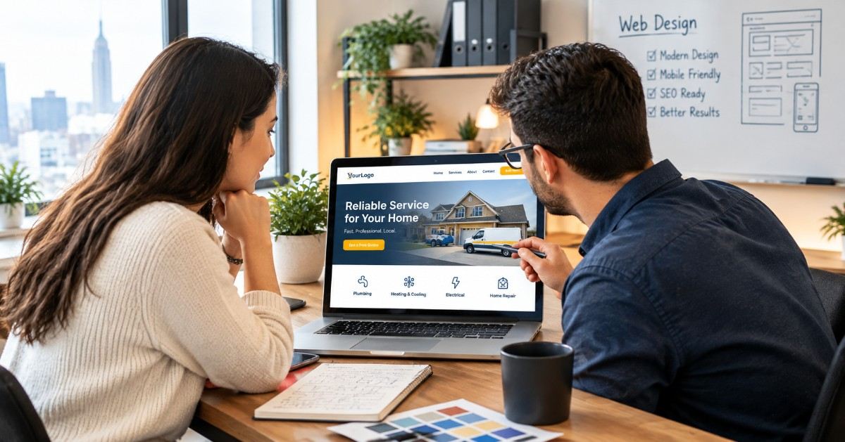 Small business website design consultation showing a professional service website on a laptop